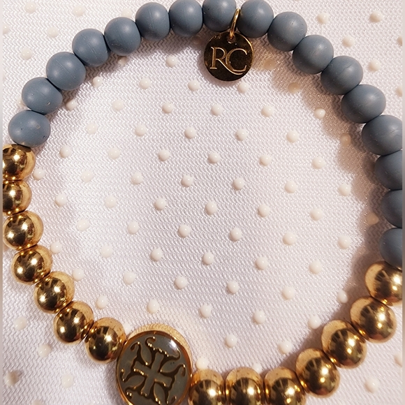 Rustic Cuff Beautiful Ligh Blue and Gold Beaded Bracelet - Picture 2 of 7